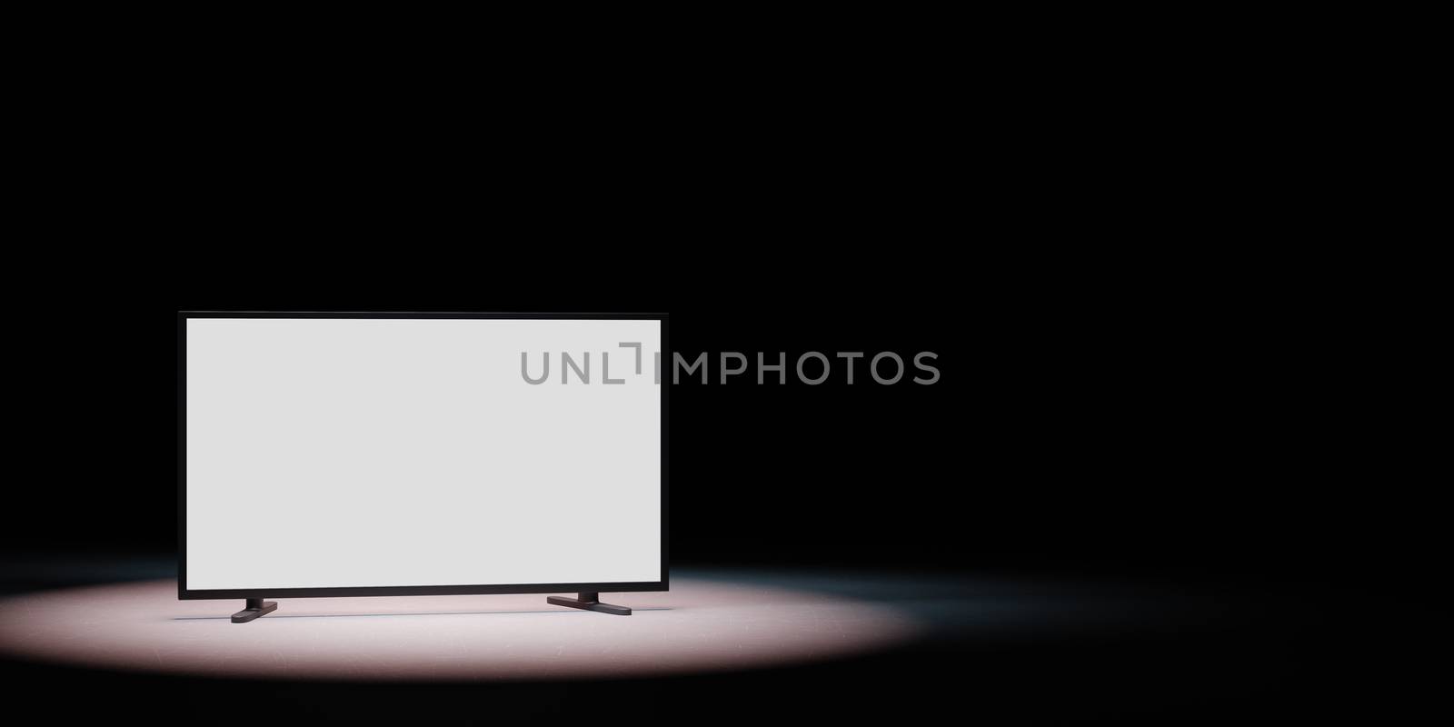 Television Set with White Blank Screen Spotlighted on Black Background by make