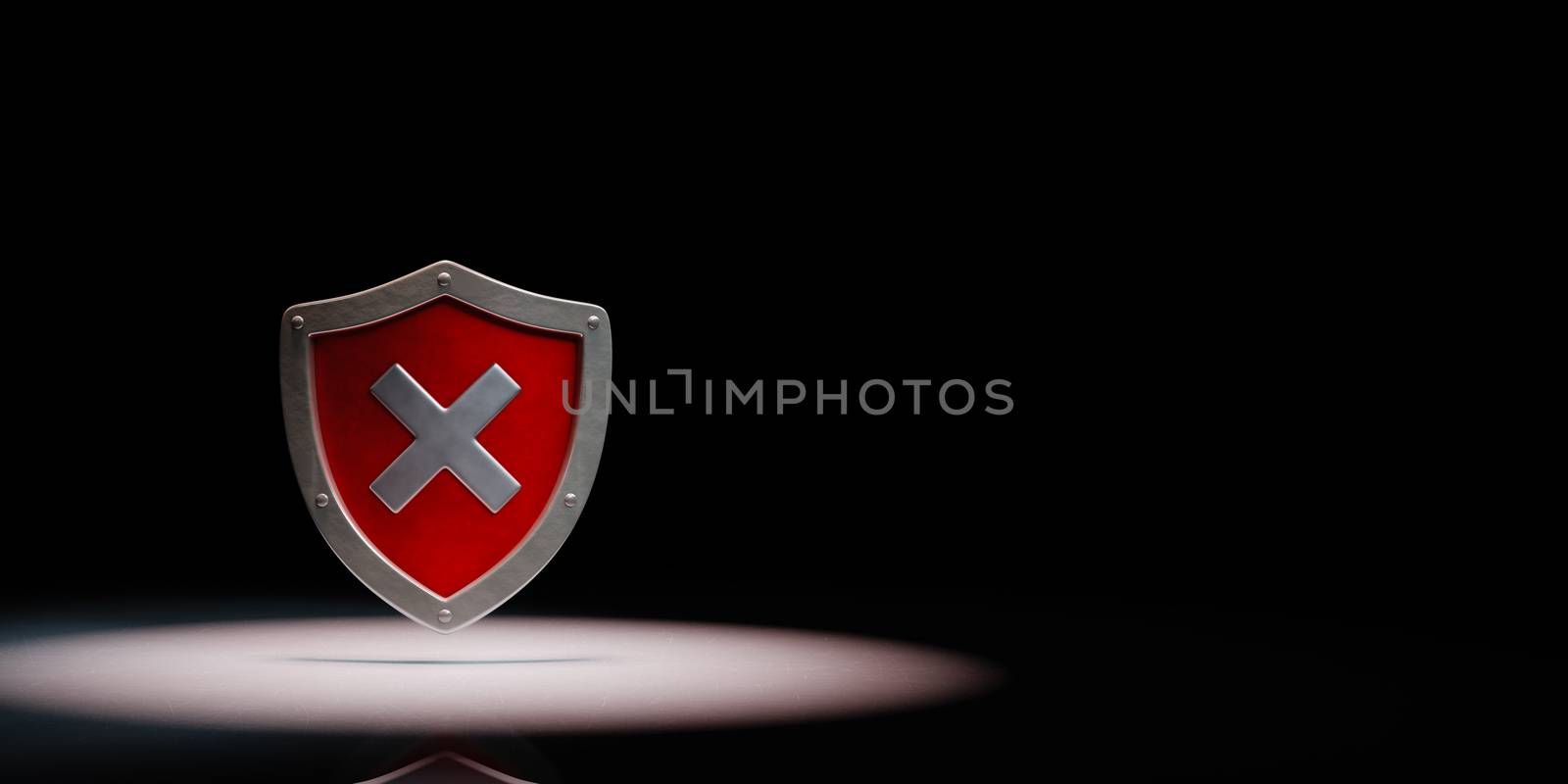 Red Metallic Shield Shape with Cross Spotlighted on Black Background with Copy Space 3D Illustration