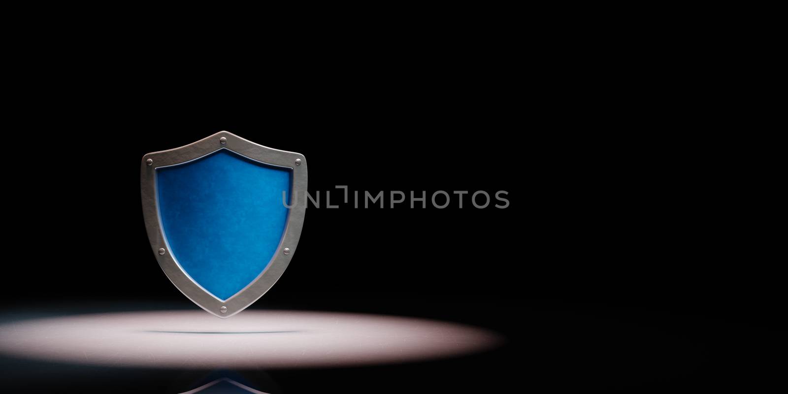 Blue Metallic Shield Shape Spotlighted on Black Background with Copy Space 3D Illustration