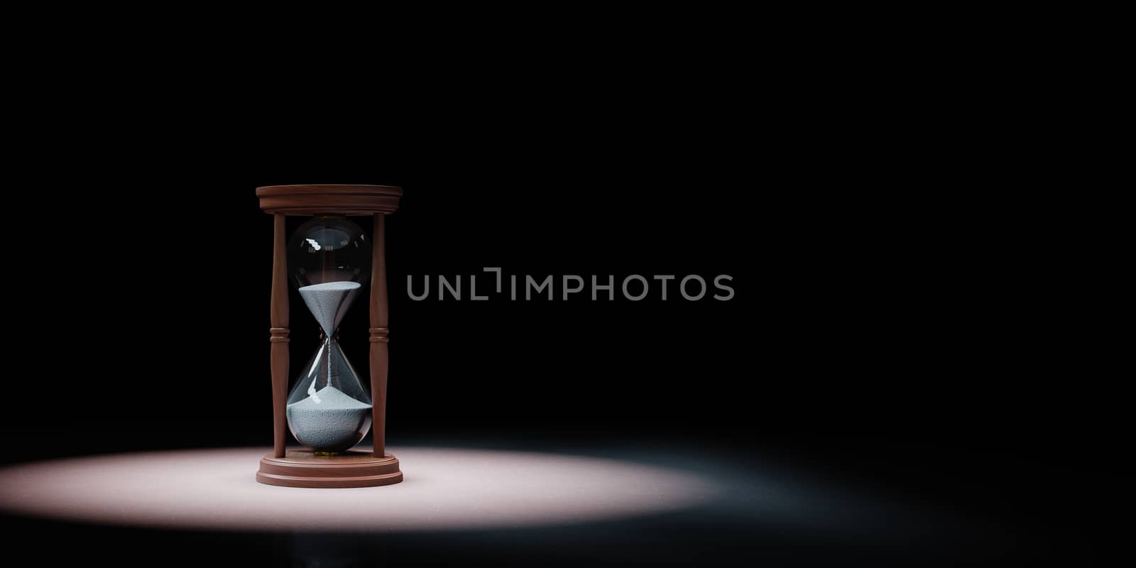 Classic Wooden Hourglass with White Sand Spotlighted on Black Background with Copy Space 3D Illustration