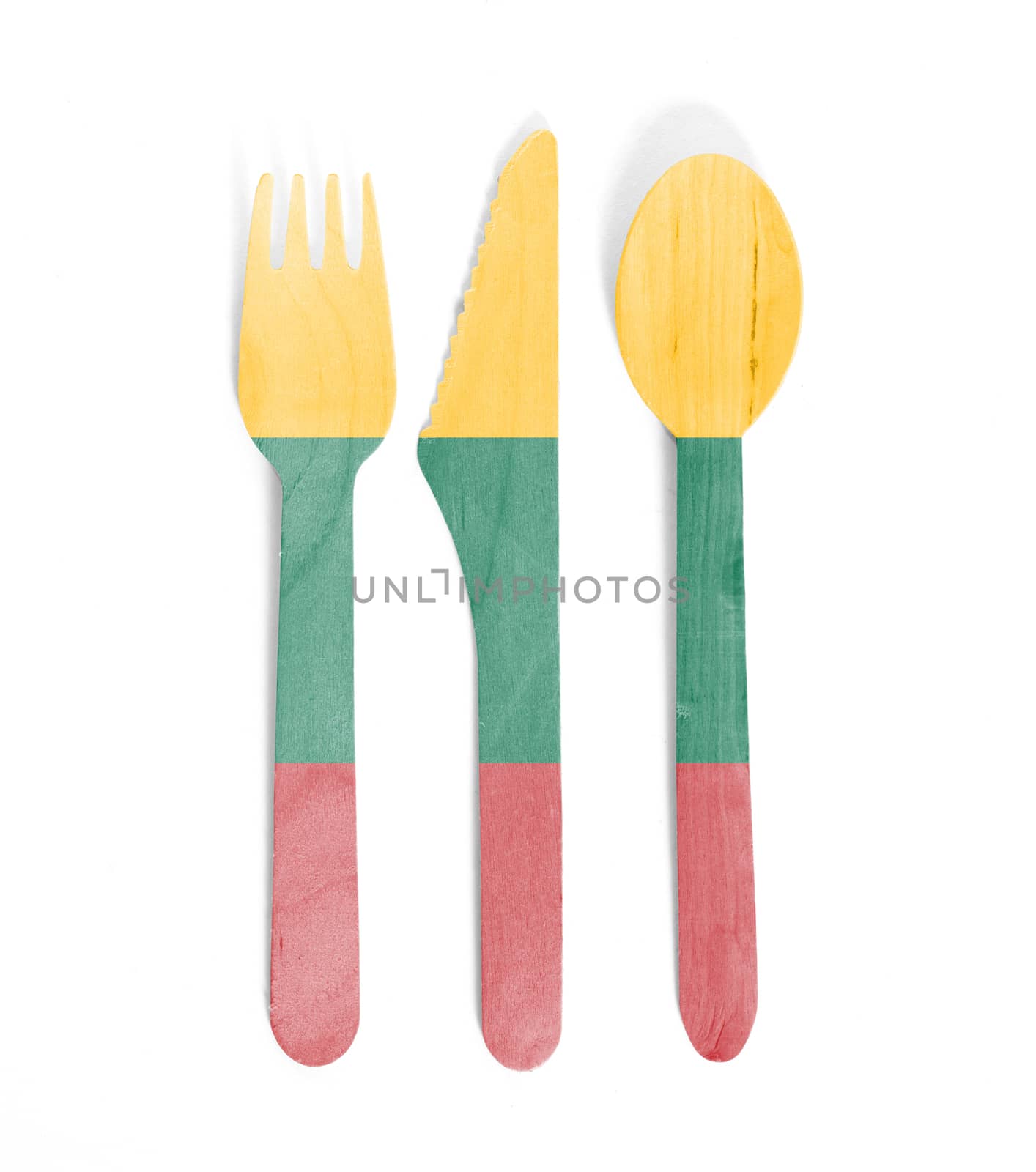 Eco friendly wooden cutlery - Plastic free concept - Isolated - Flag of Lithuania