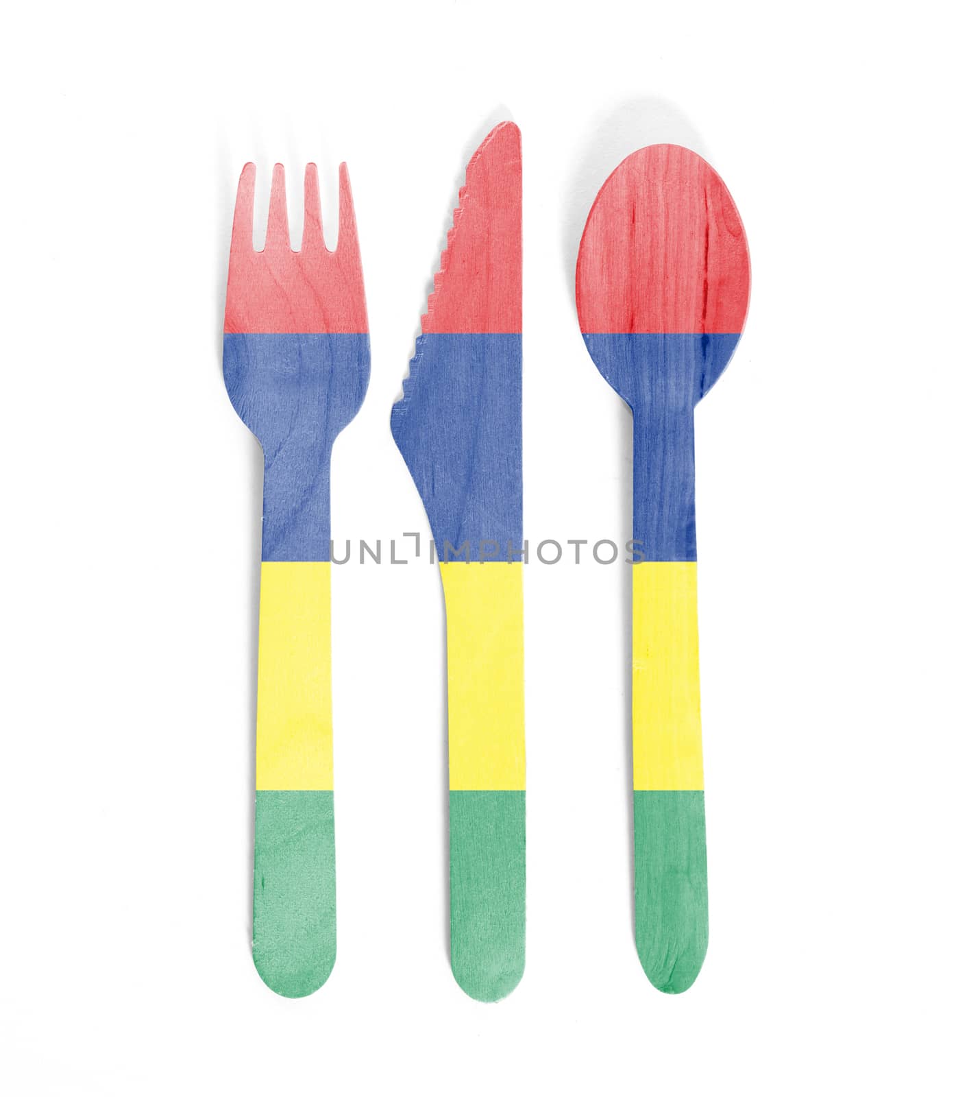 Eco friendly wooden cutlery - Plastic free concept - Isolated - Flag of Mauritius