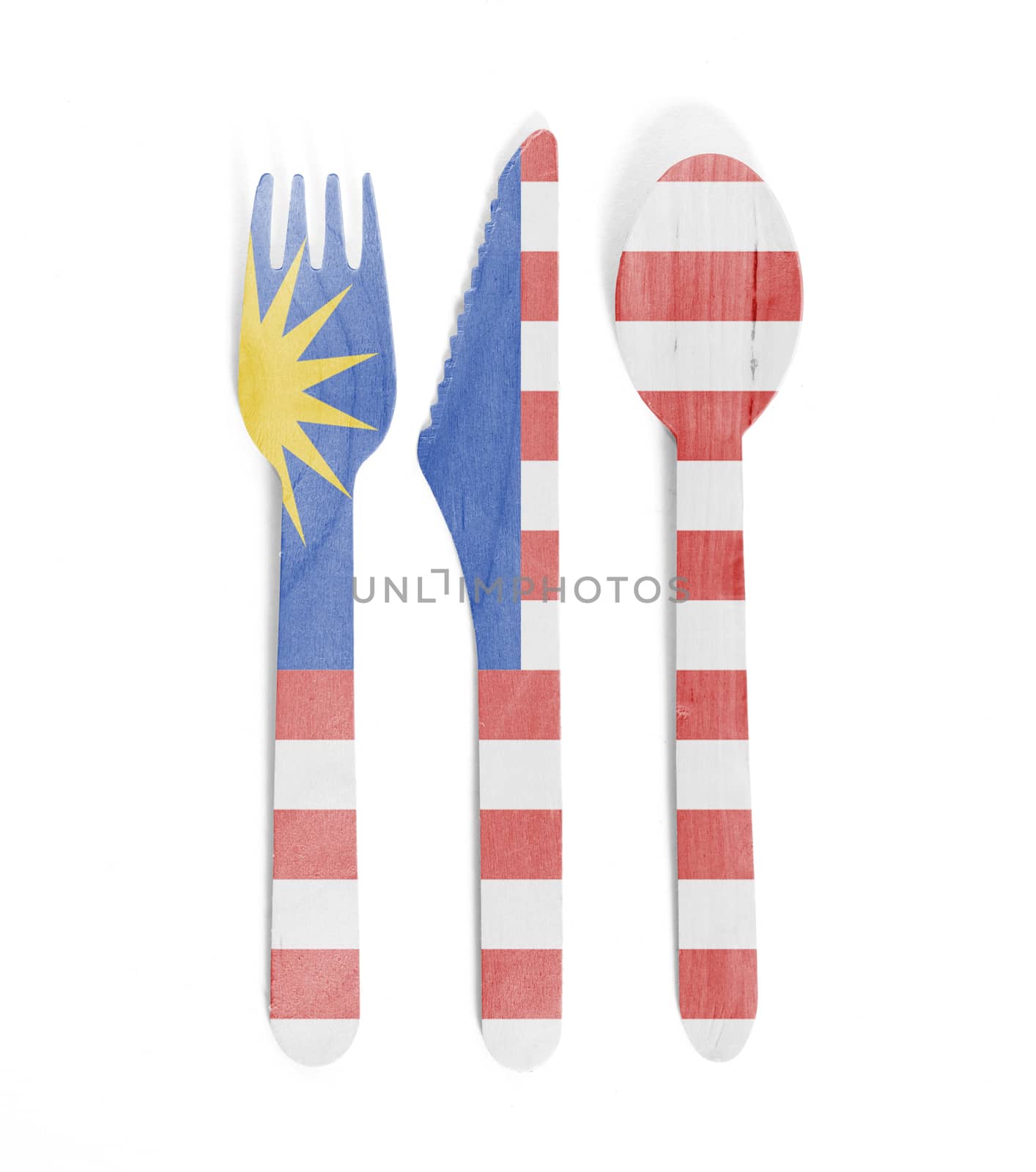 Eco friendly wooden cutlery - Plastic free concept - Isolated - Flag of Malaysia
