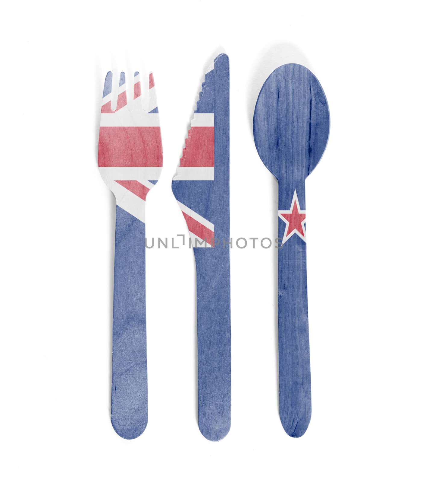 Eco friendly wooden cutlery - Plastic free concept - Isolated - Flag of New Zealand