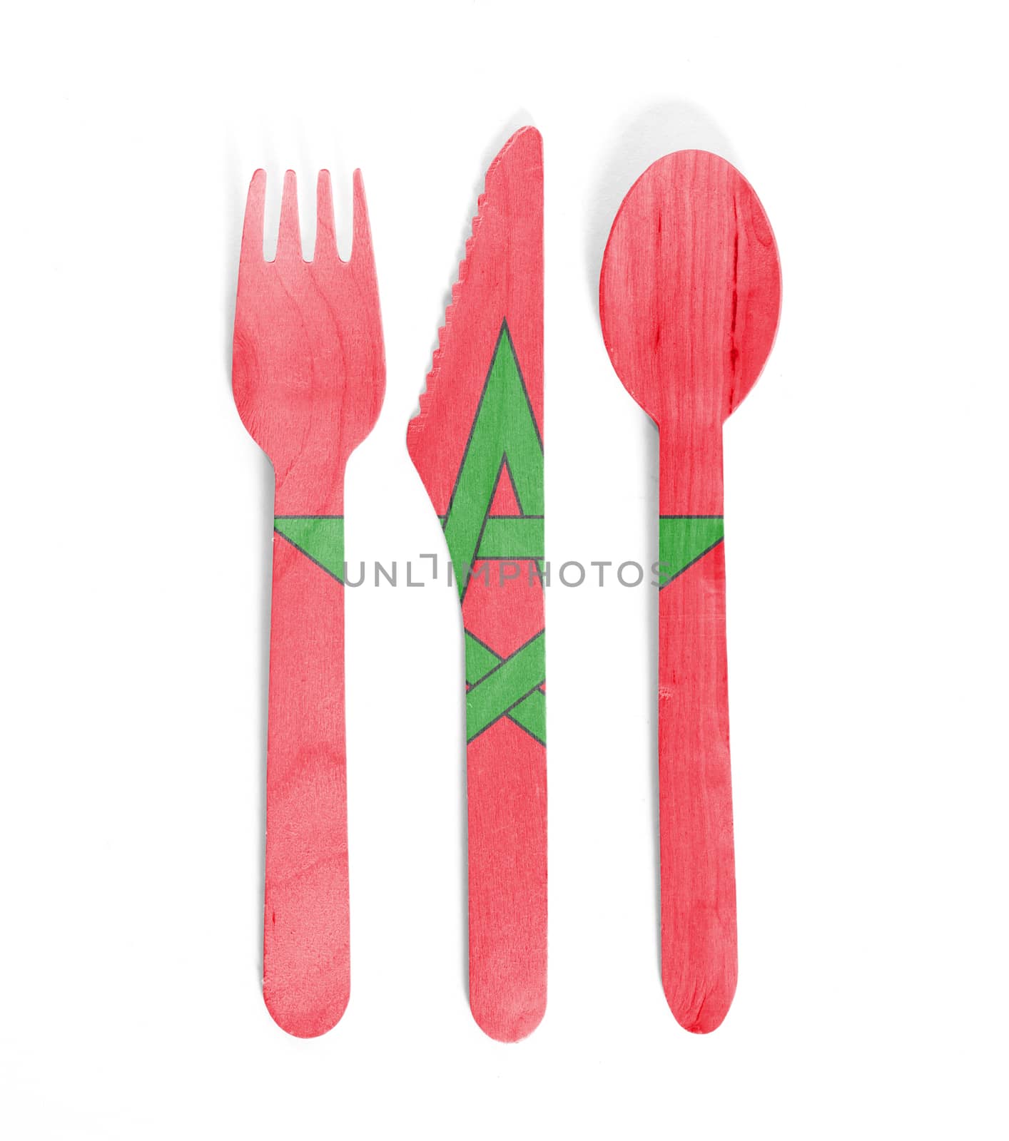 Eco friendly wooden cutlery - Plastic free concept - Isolated - Flag of Morocco