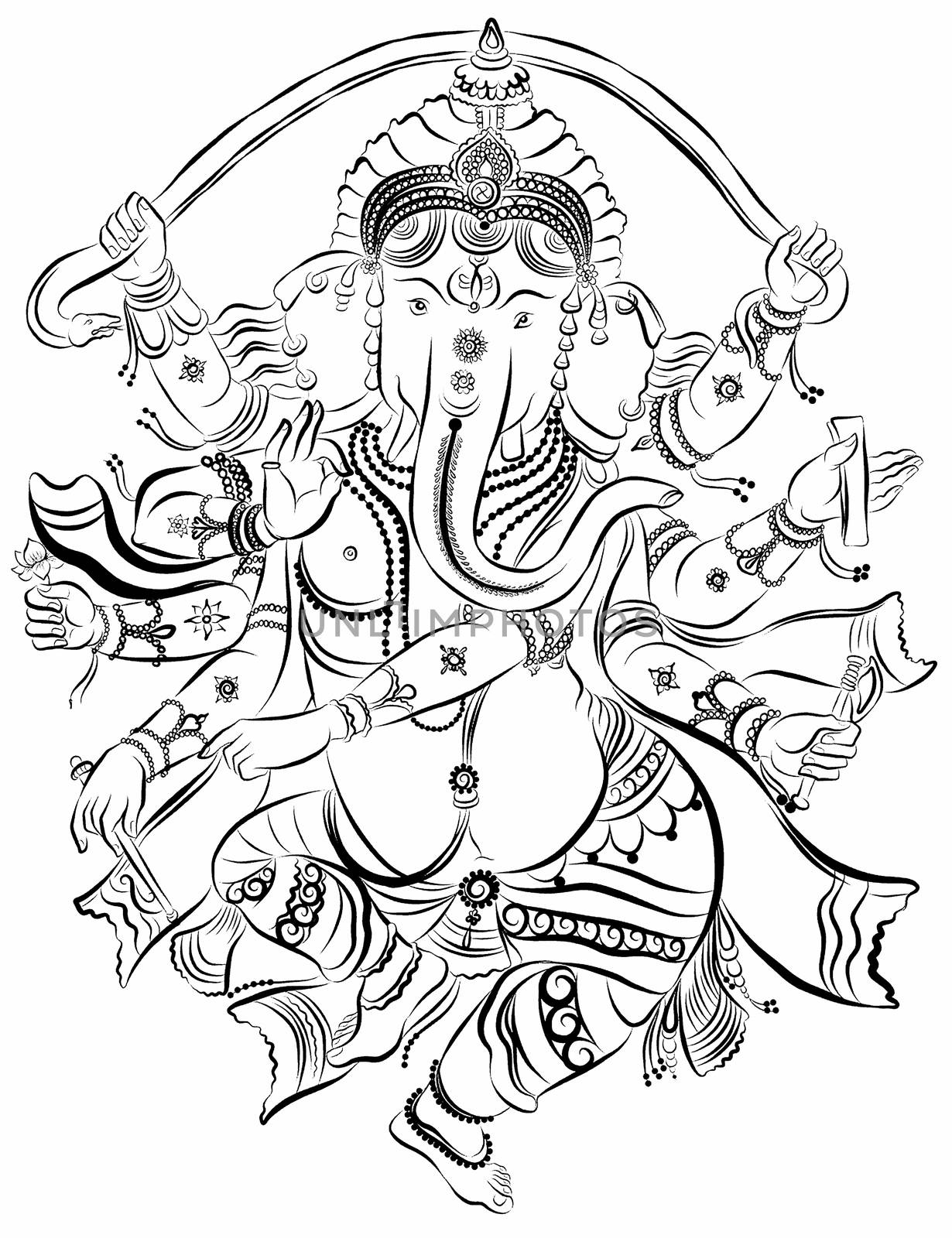 Drawing of Ganesha. Line art illustration of elephant-headed god. Buddhism Religion