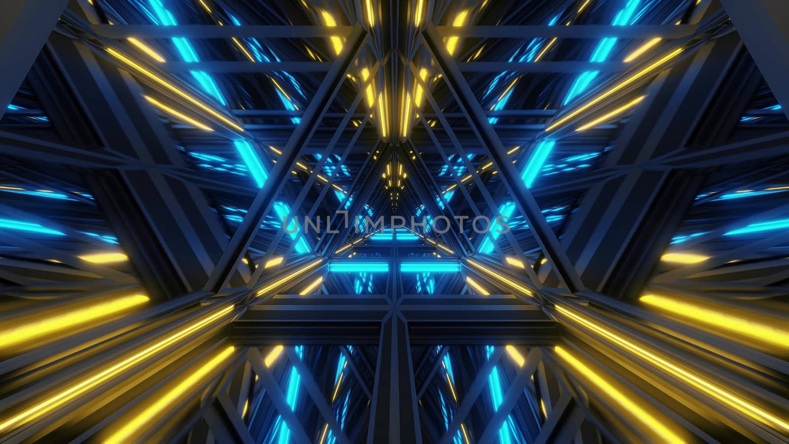endless triangle design glass tunnel corridor with glass windows and bottom and gowing lights 3d illustration background wallpaper, futuristoic glass architecture 3d rendering artwork