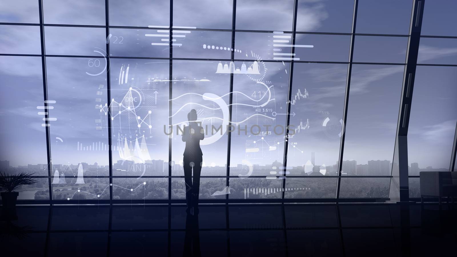 Silhouette of a business woman against the background of an office window surrounded by an array of data in virtual reality.