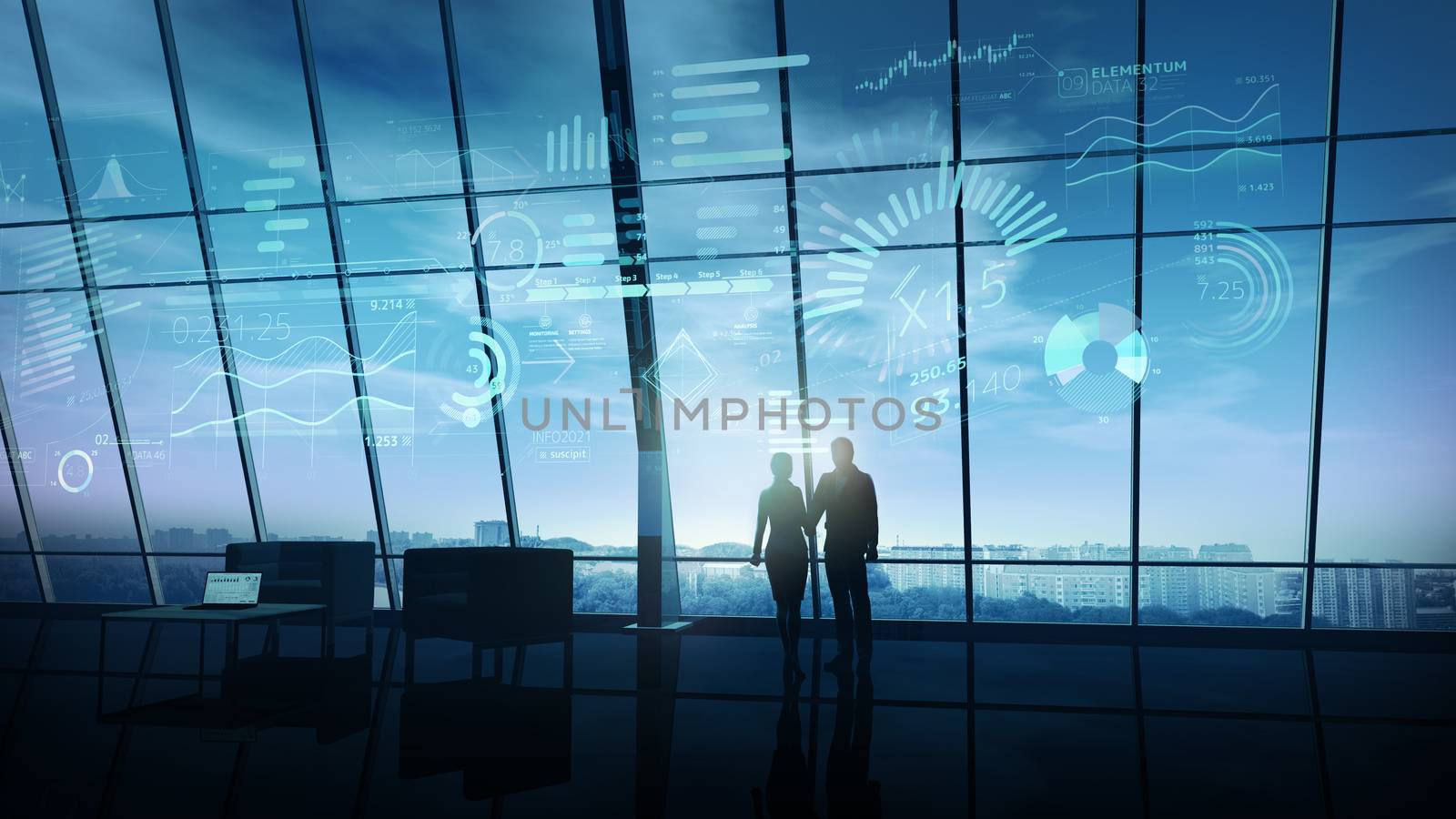 Handshake of business people and an array of infographics with data on the background of panoramic windows of a modern office.