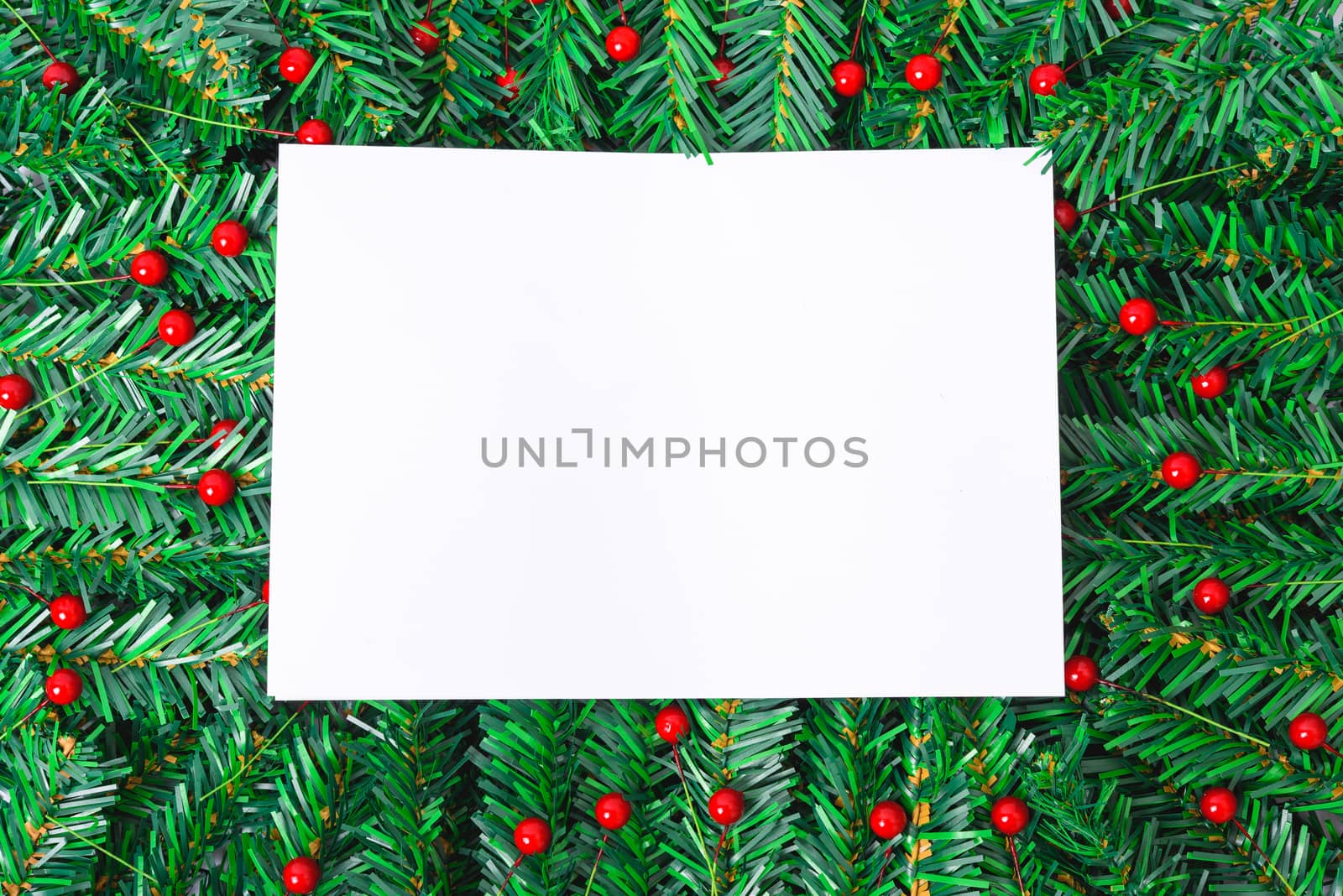 Happy New Year and Christmas day, top view flat lay composition decoration branches tree, white square on white background with copy space for your text