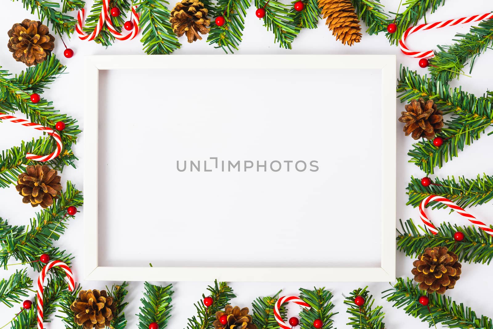 Happy New Year and Christmas day, top view flat lay composition decoration and photo frame on white background with copy space for your text