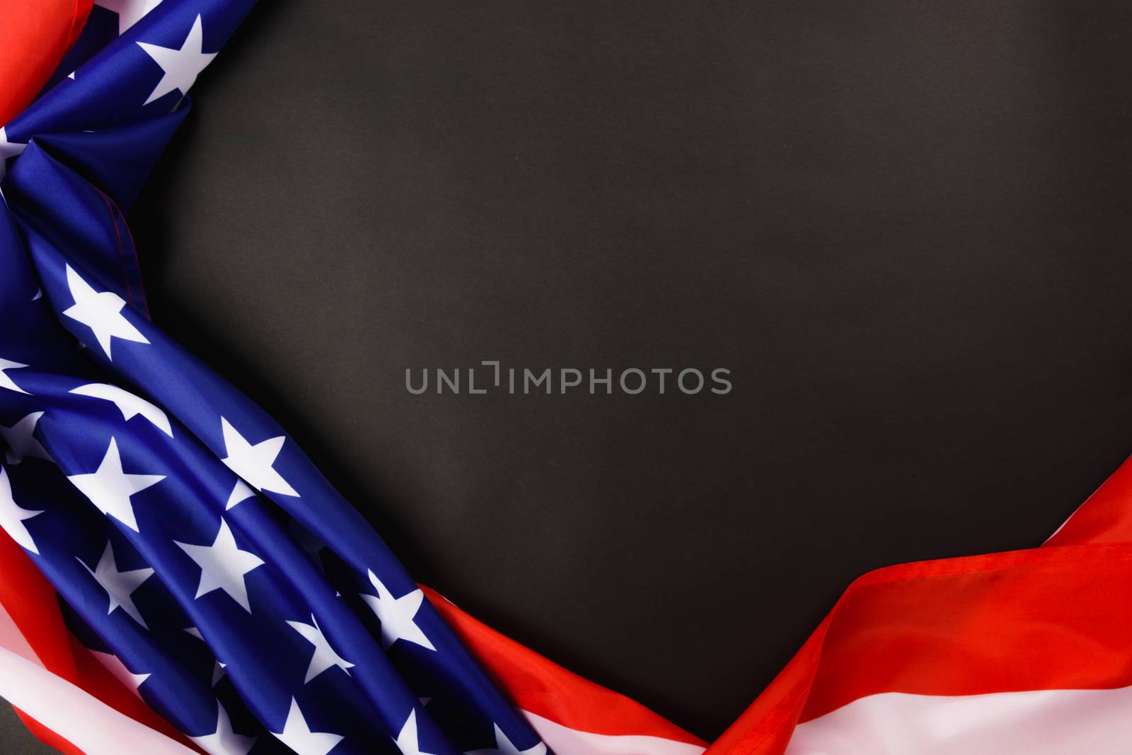 Martin luther king day, flat lay top view, American flag democracy on black background with copy space for your text