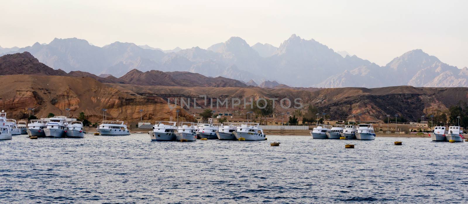 cruise boats near the rocky shore in Sharm El Sheikh Egypt