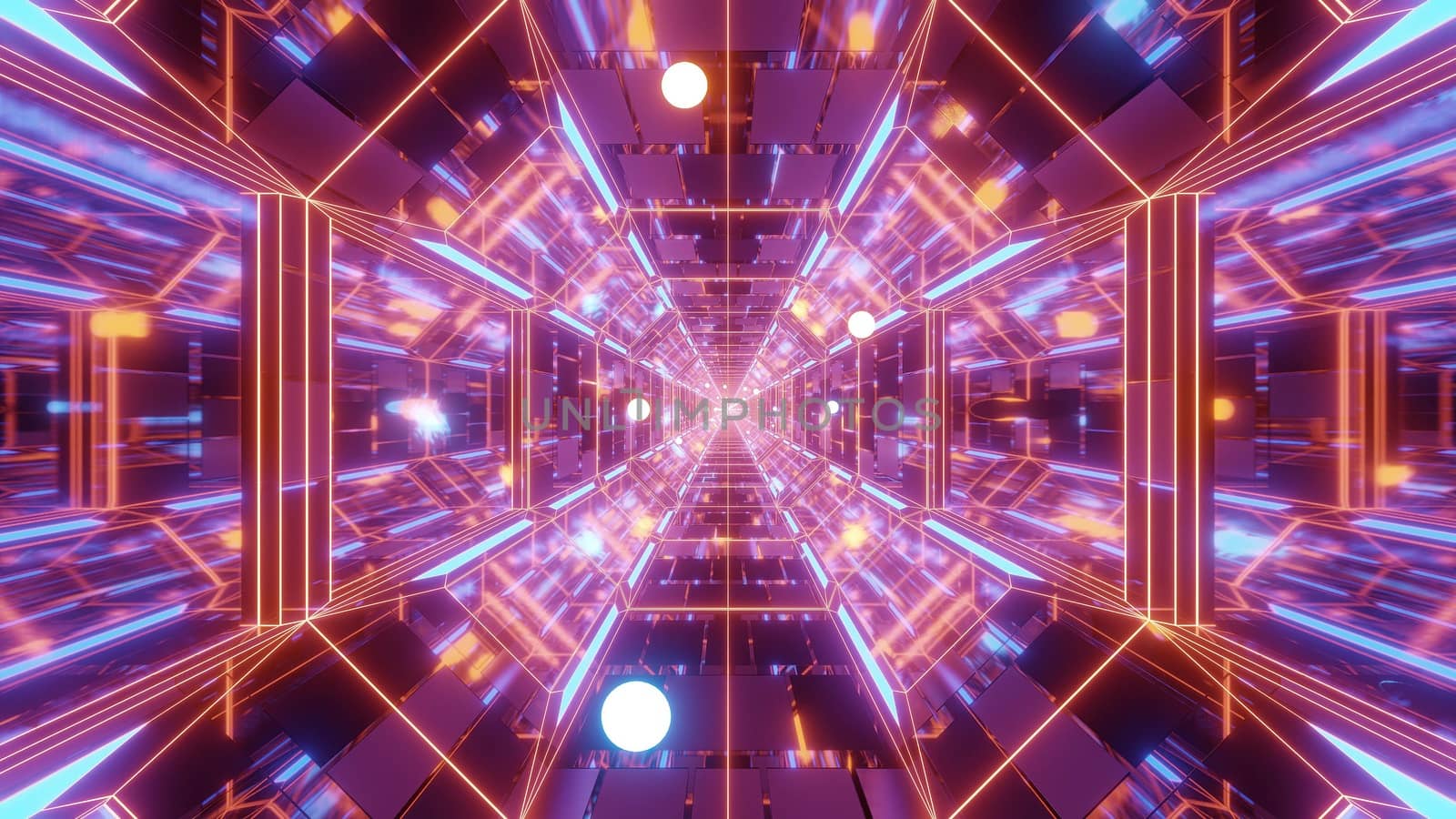 endlless science-fiction space galaxy glass tunnel corridor with flying glowing sphere particles 3d illustration wallpaper background by tunnelmotions