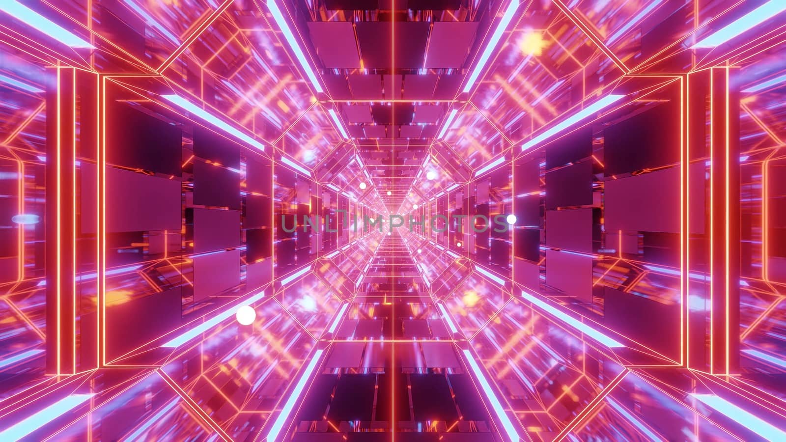 endlless science-fiction space galaxy glass tunnel corridor with flying glowing sphere particles 3d illustration wallpaper background, futuristic scifi glass 3d rendering design graphic artwork