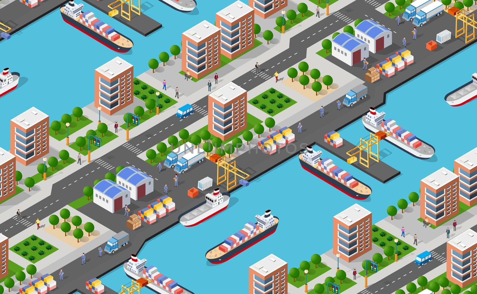 Seamless industrial city map pattern. Isometric port mooring ship transport with crane and shipping containers