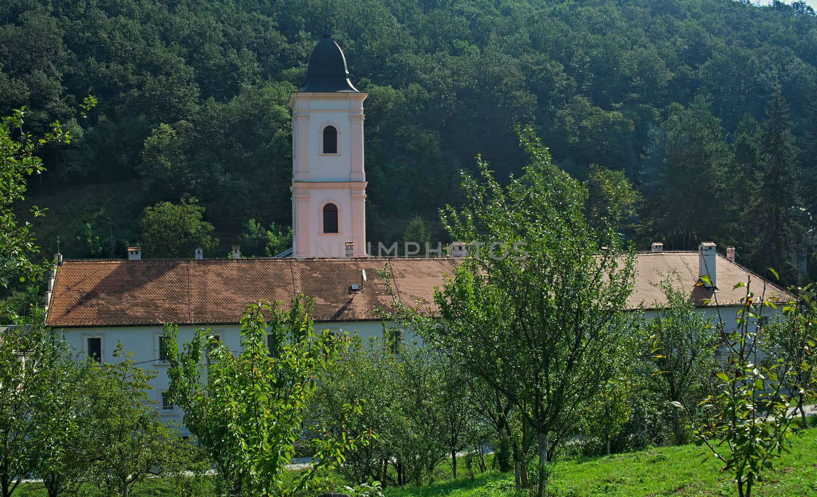 View from hill on Christian orthodox monastery in Beocin, Serbia