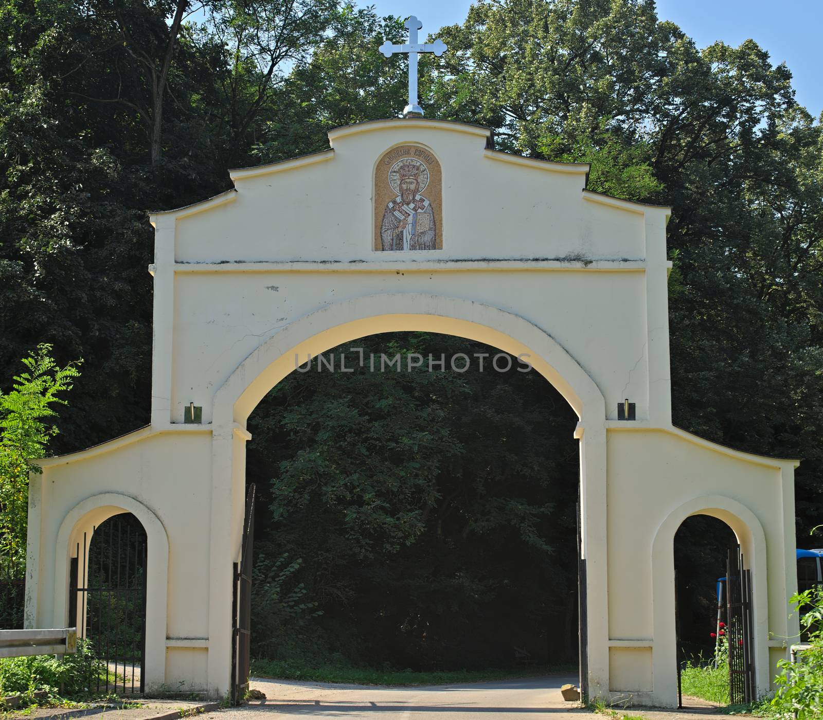 Entrance gate into Christian orthodox monastery in Beocin, Serbia