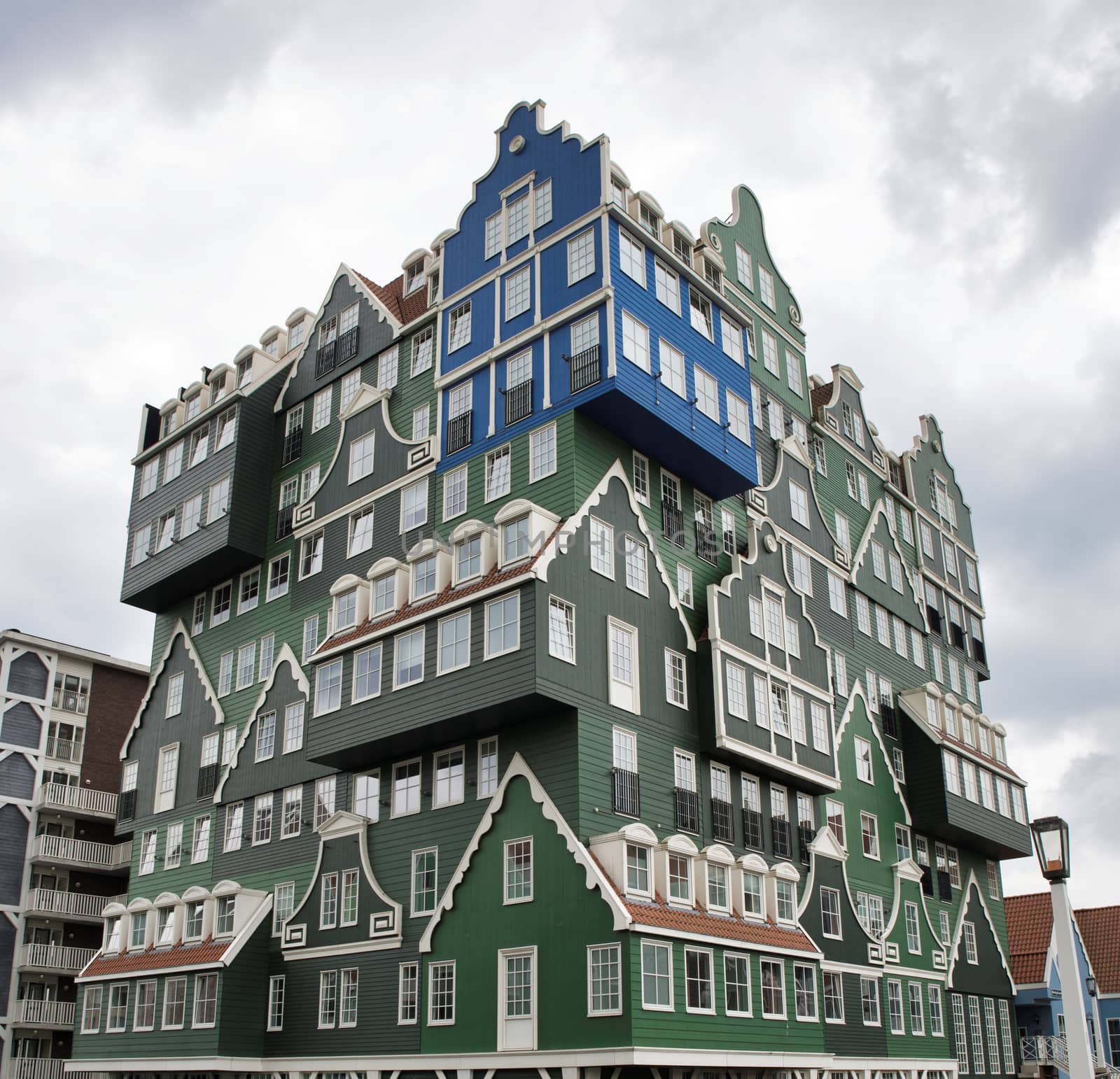 Facade of modern hotel with structure of traditional dutch buildings in Zaandam, Netherlands