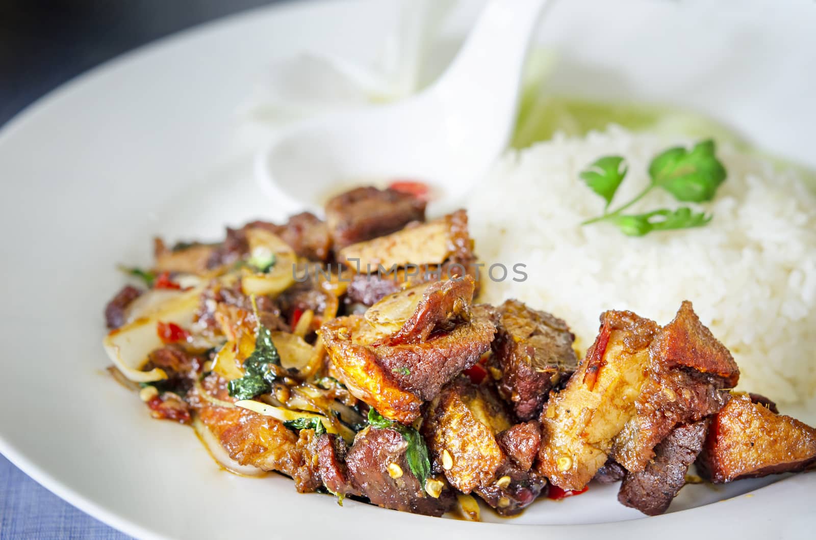 Stir-fried crispy pork with thai basil and chili sauce served with steamed rice