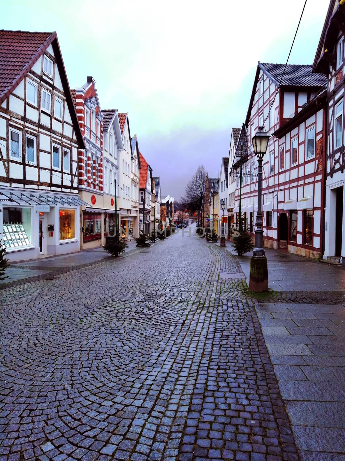 Germany, Buckeburg, December 25, 2020; old city street. by Lenkapenka