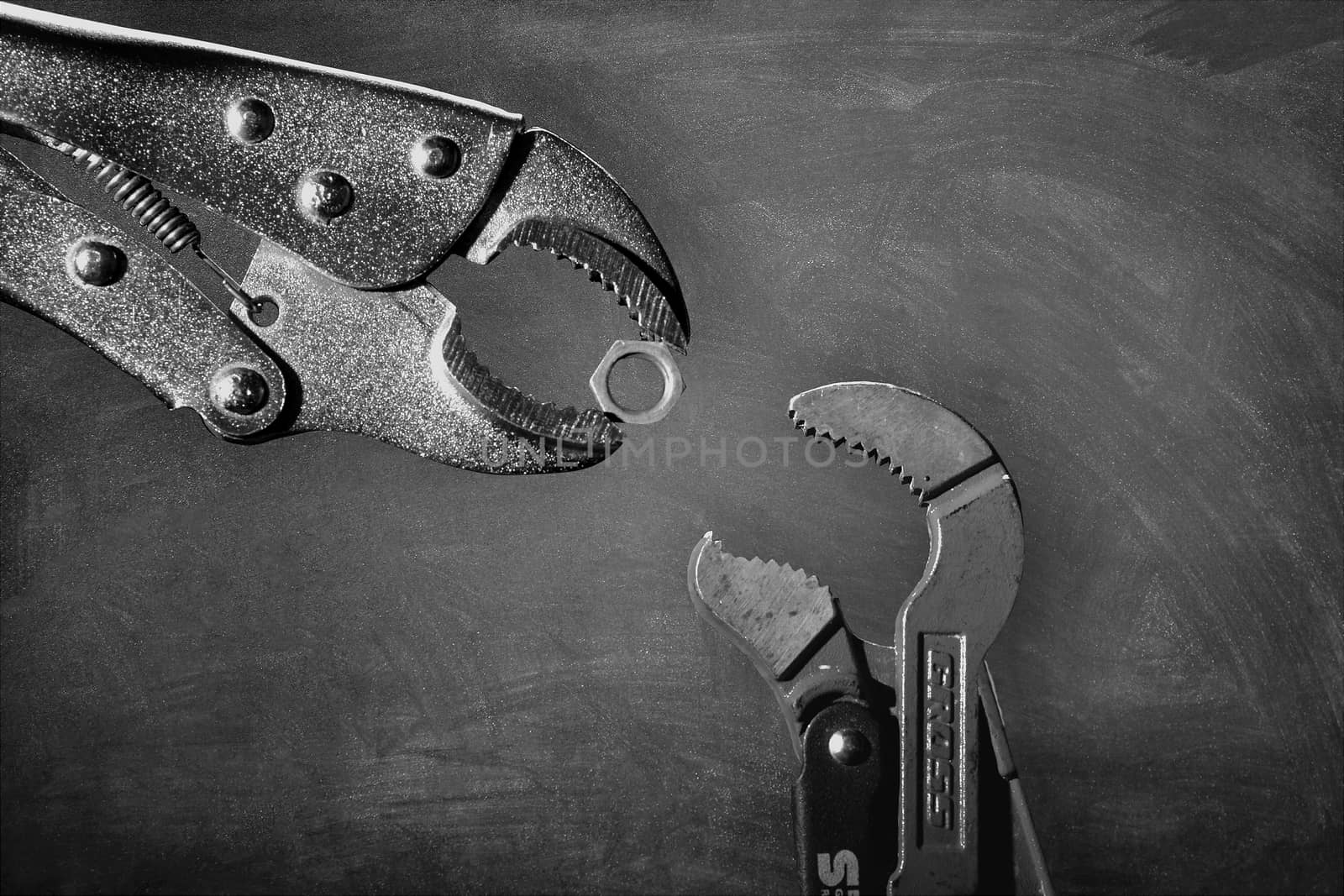 Ukraine, Kyiv, 09,13,2019 Creative image of plumbing wrenches as birds on gray background. Black and white unusual bird story. Editorial use only