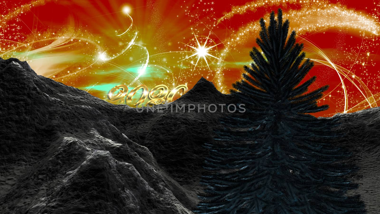 Christmas 2020 landscape in the mountains. Angel dust and a starry red sky with Christmas tree