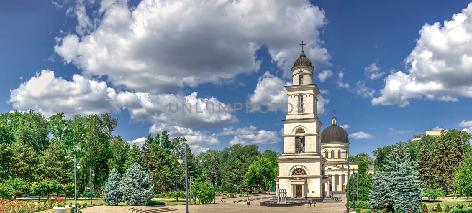 Chisinau, Moldova – 06.28.2019. Bell tower in the Chisinau Cathedral Park, Moldova, on a sunny summer day