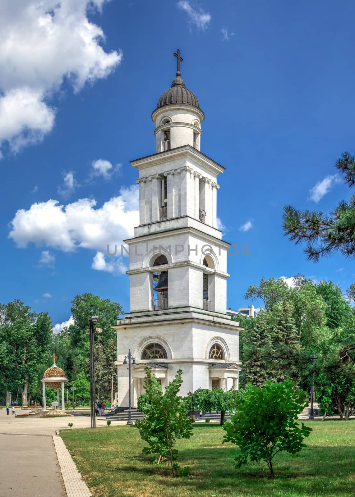 Chisinau, Moldova – 06.28.2019. Bell tower in the Chisinau Cathedral Park, Moldova, on a sunny summer day