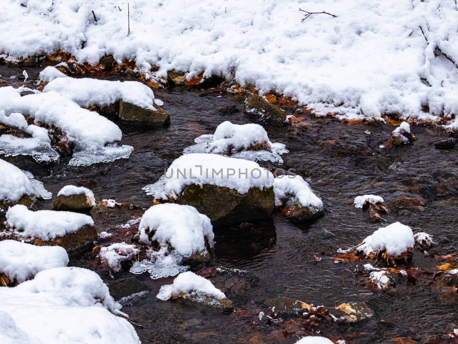 Snow-covered rocks stand in an icy cold stream of water. by colintemple