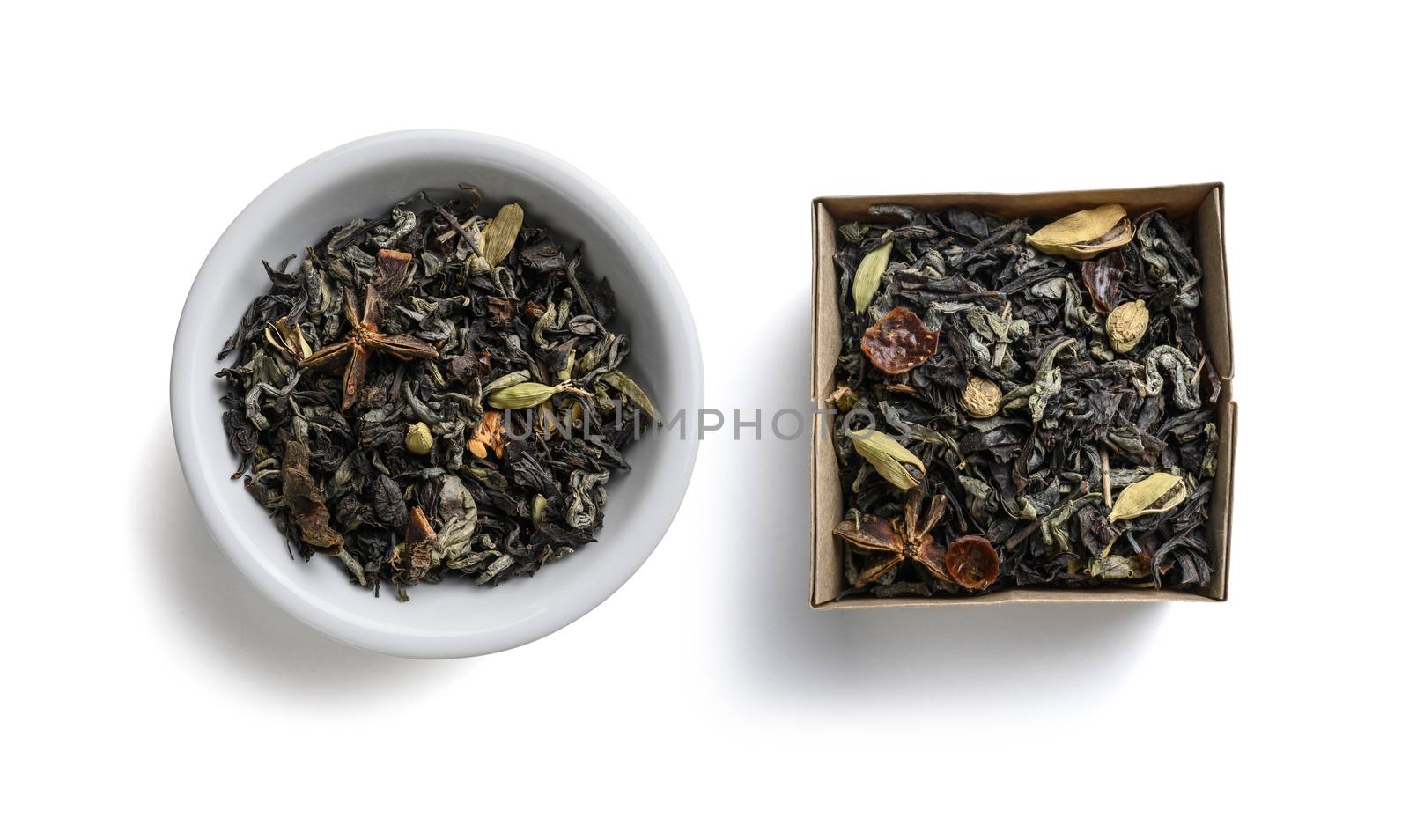 Green tea with aromatic additives. Top view on white background.
