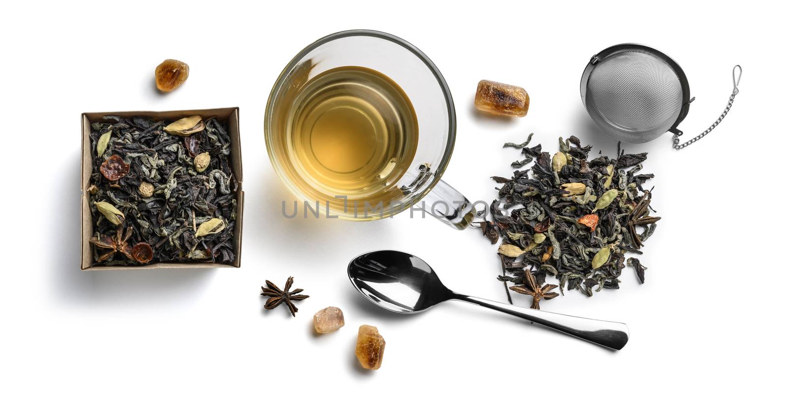 Green tea with natural aromatic additives and accessories. Top view on white background.