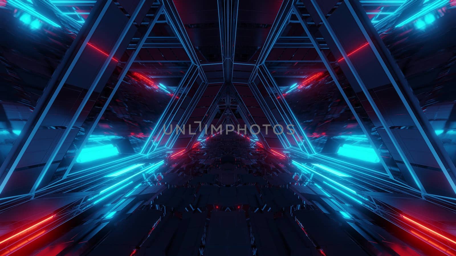 futuristic sci-fi space war ship hangar tunnel corridor with reflective glass windows 3d illustration background wallpaper, endless technical science-fiction scifi corridor with glowing lights 3d rendering graphic artwork