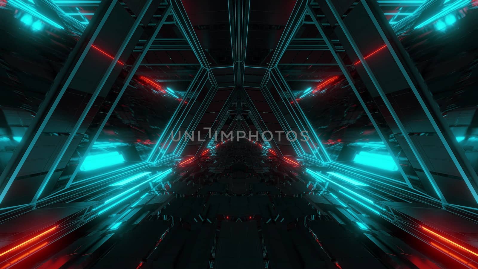 futuristic sci-fi space war ship hangar tunnel corridor with reflective glass windows 3d illustration background wallpaper, endless technical science-fiction scifi corridor with glowing lights 3d rendering graphic artwork