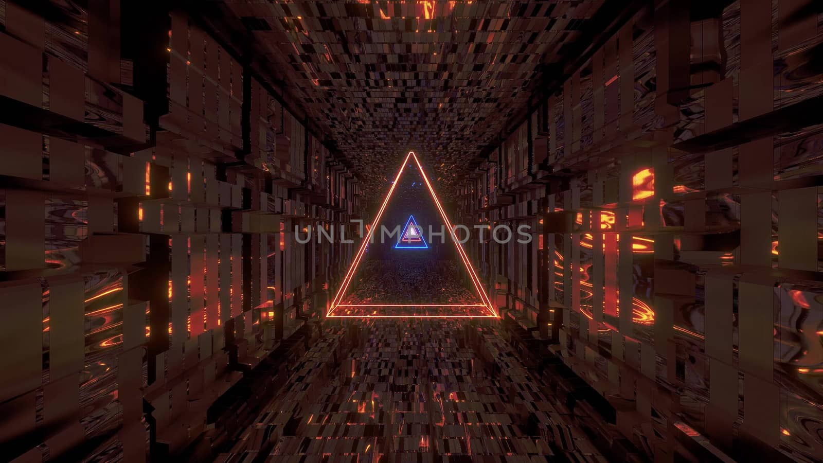 glowing wire-frame triangle with technical reflective tunnel corridor 3d illustration background wallpaper, by tunnelmotions