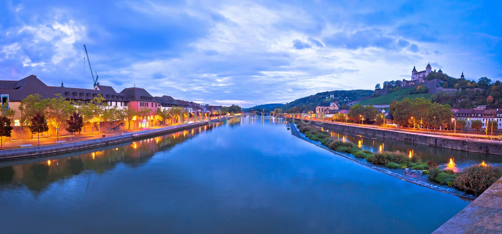 Wurzburg. Old Main Bridge over the Main river and scenic riverfrontof Wurzburg dawn view, Bavaria region of Germany