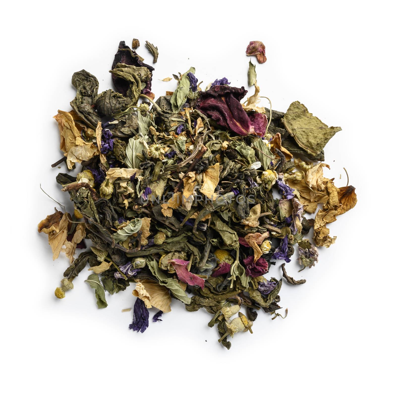 Green tea with natural aromatic additives. Top view on white background.