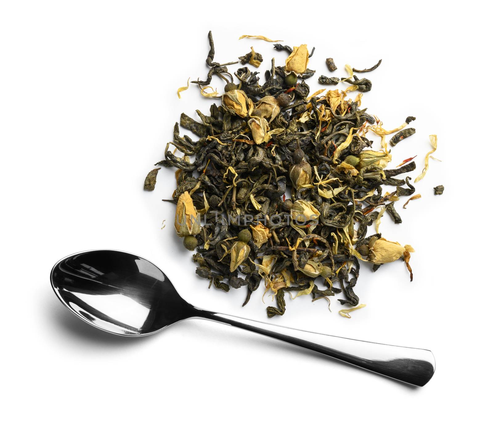 Green tea with natural aromatic additives. Top view on white background.