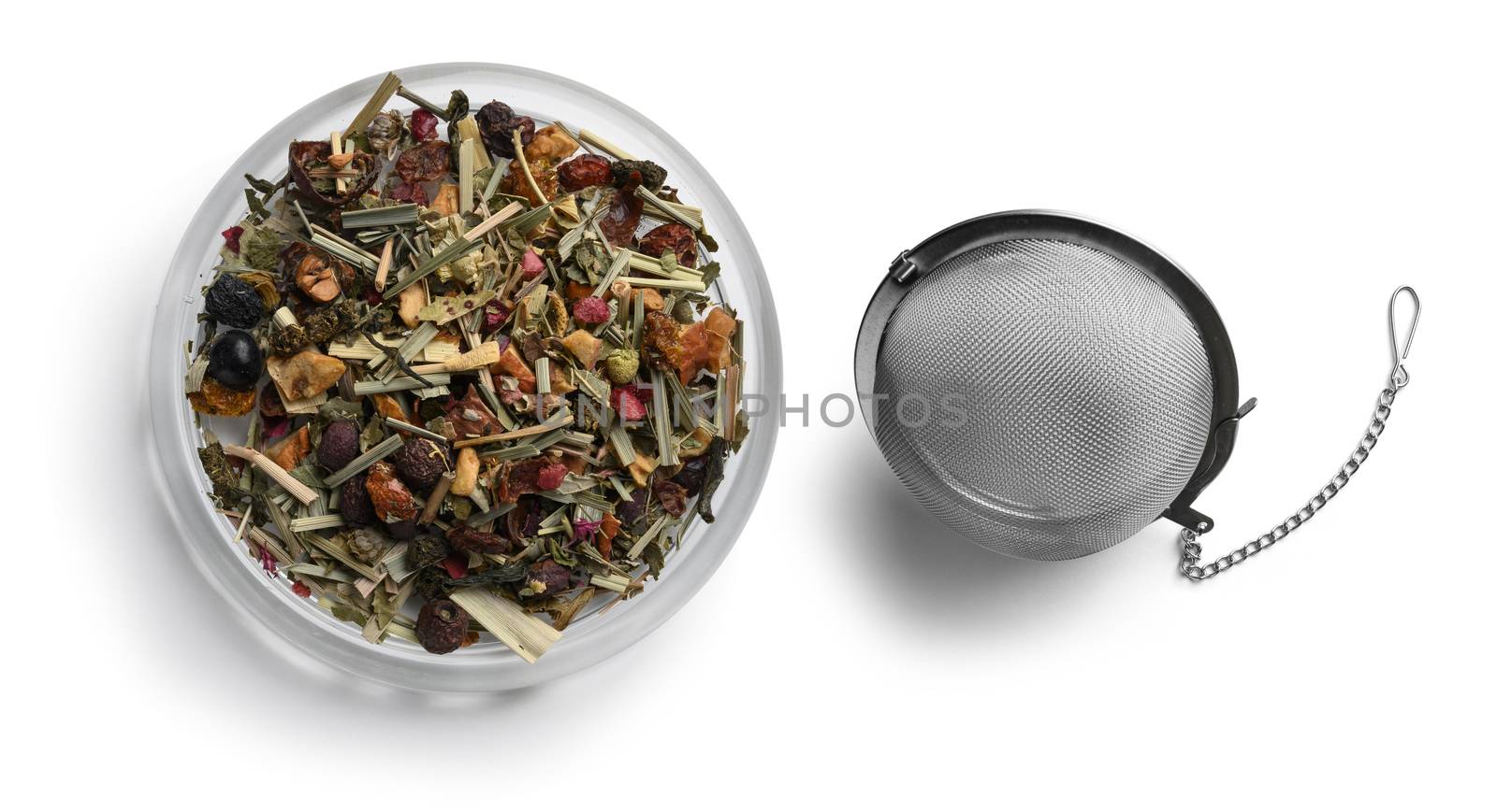 Green tea with natural aromatic additives. Top view on white background.