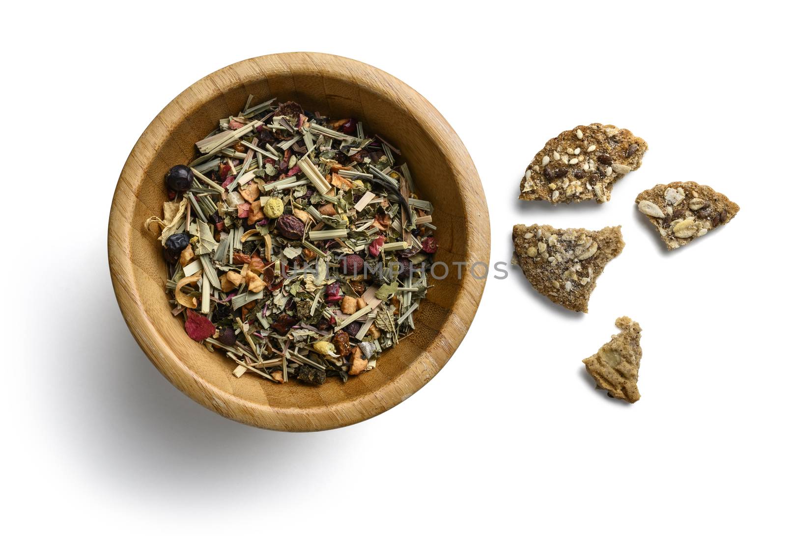 Green tea with natural aromatic additives. Top view on white background.