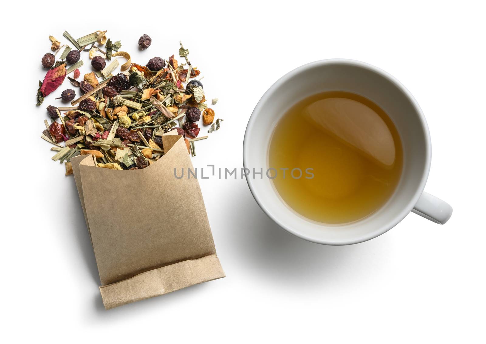 Green tea with natural aromatic additives and a Cup of tea. Top view on white background.