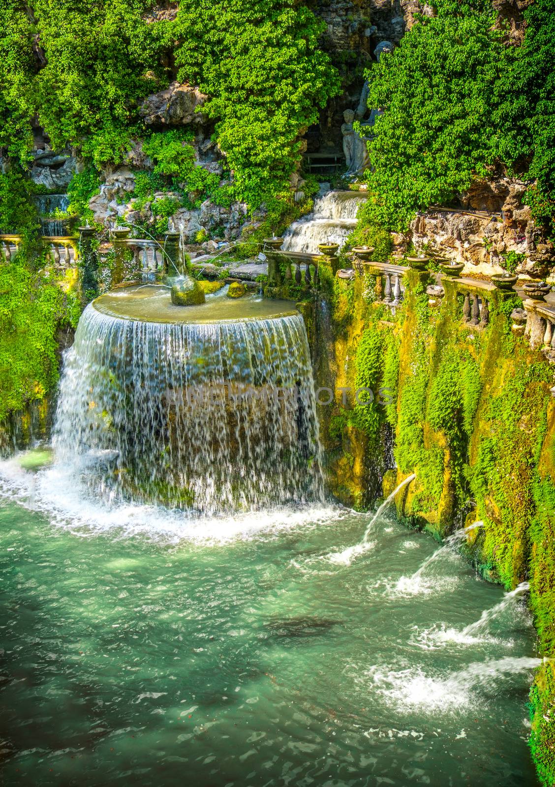 Villa D Este gardens in Tivoli - Oval Fountain or Fontana del Ovato local landmark of Tivoli near Rome - Lazio region - Italy .