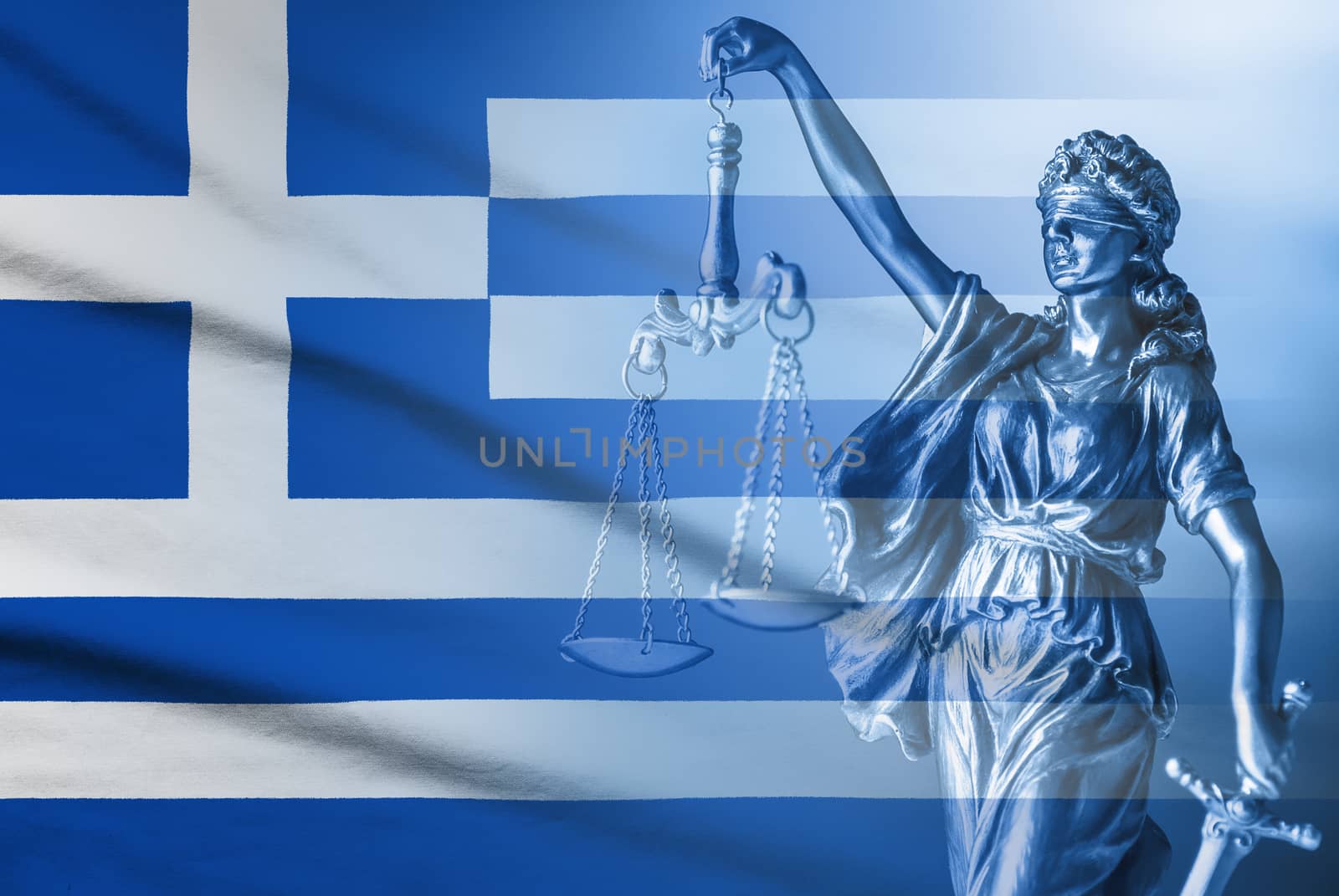Greek flag and figure of Justice in a full frame background conceptual of law and order and impartiality