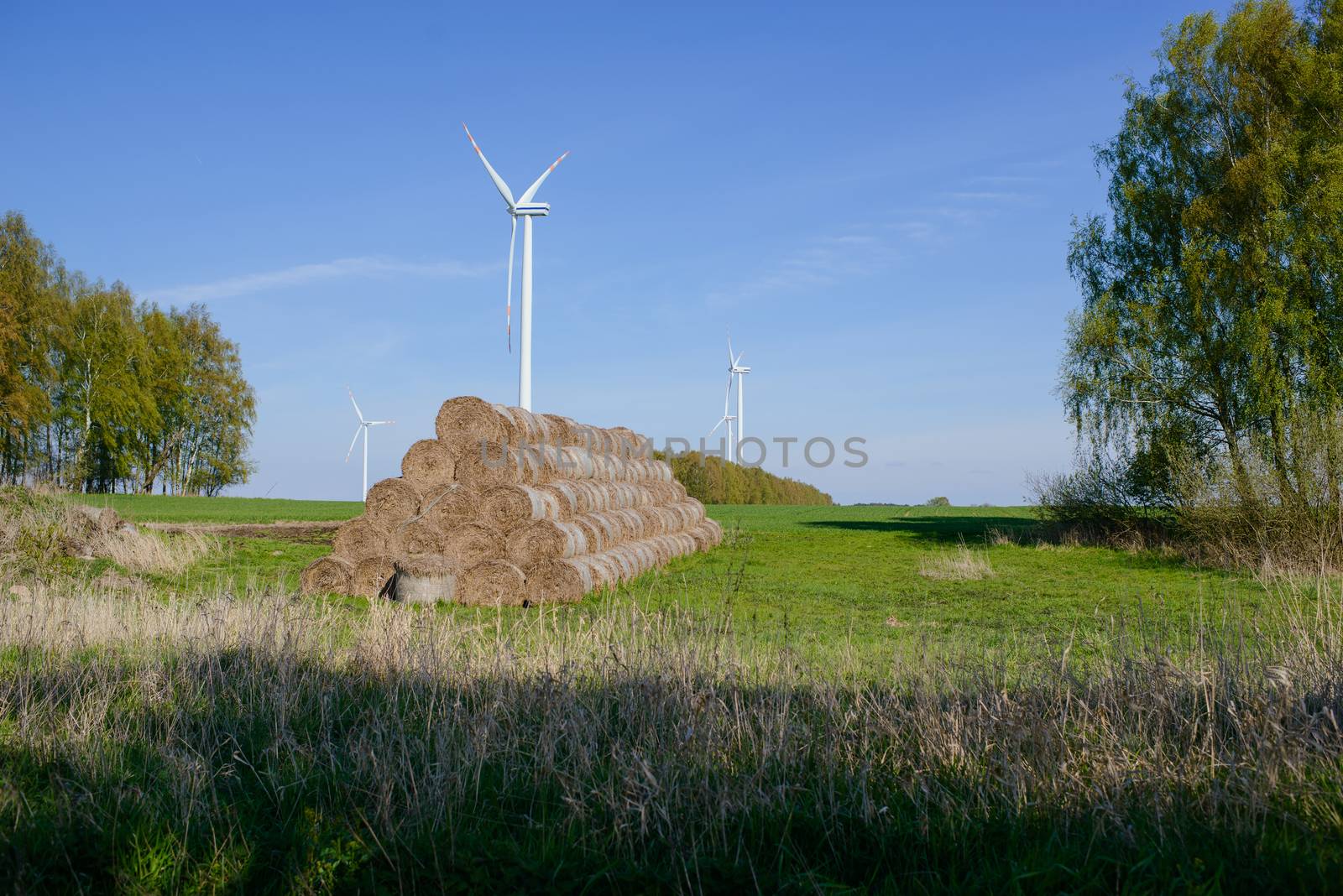 Bright blue sky moving and wind turbine.