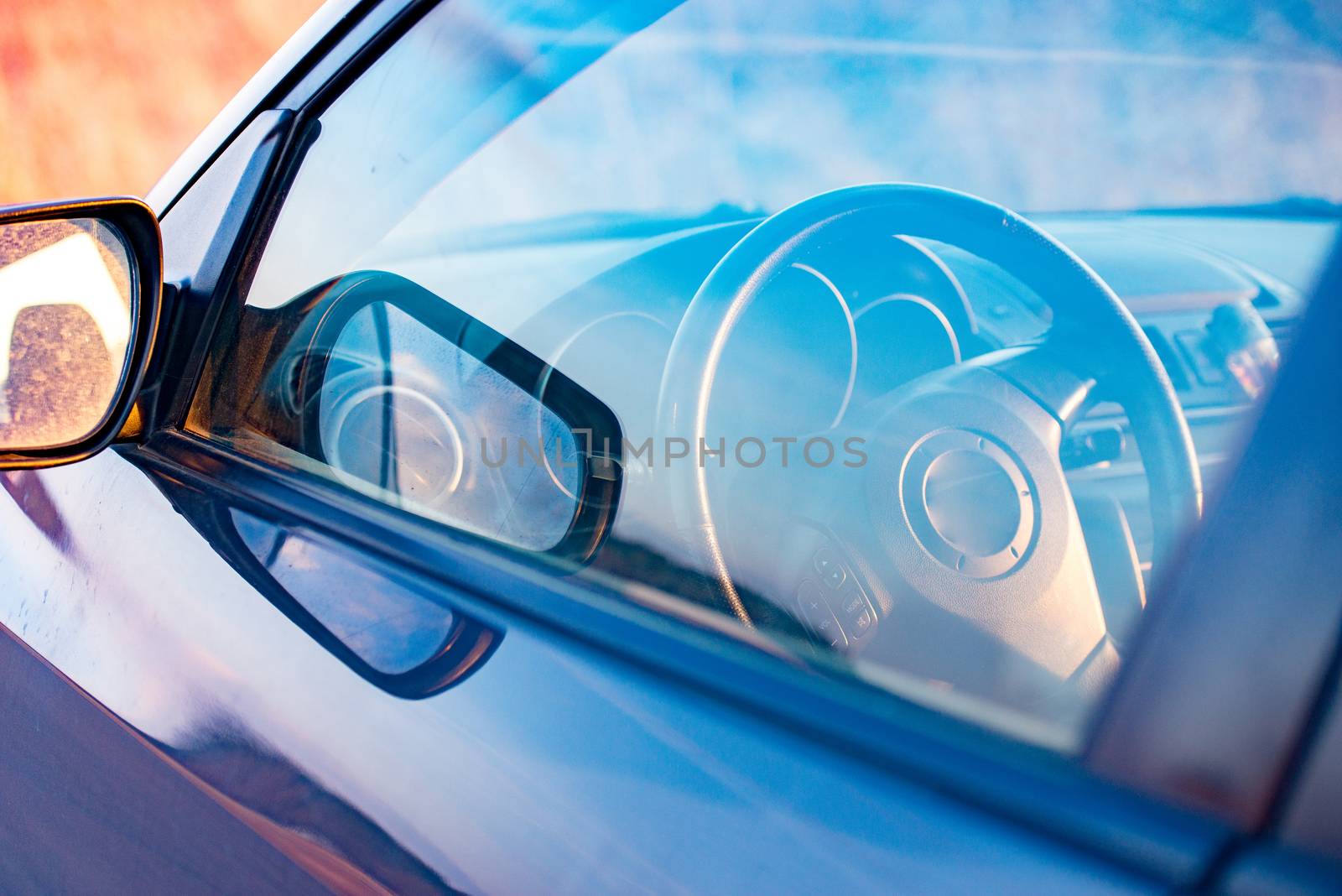 Interior view of car focus on the steering wheel
