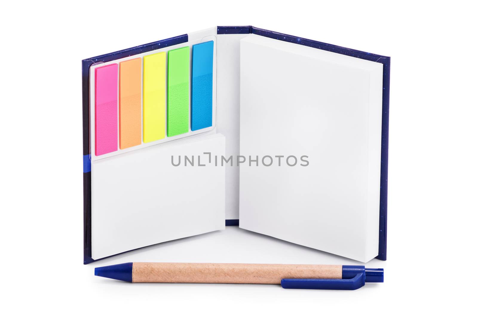 Close up of a notebook with colorful page marker stickers and a pen,  isolated on white background.