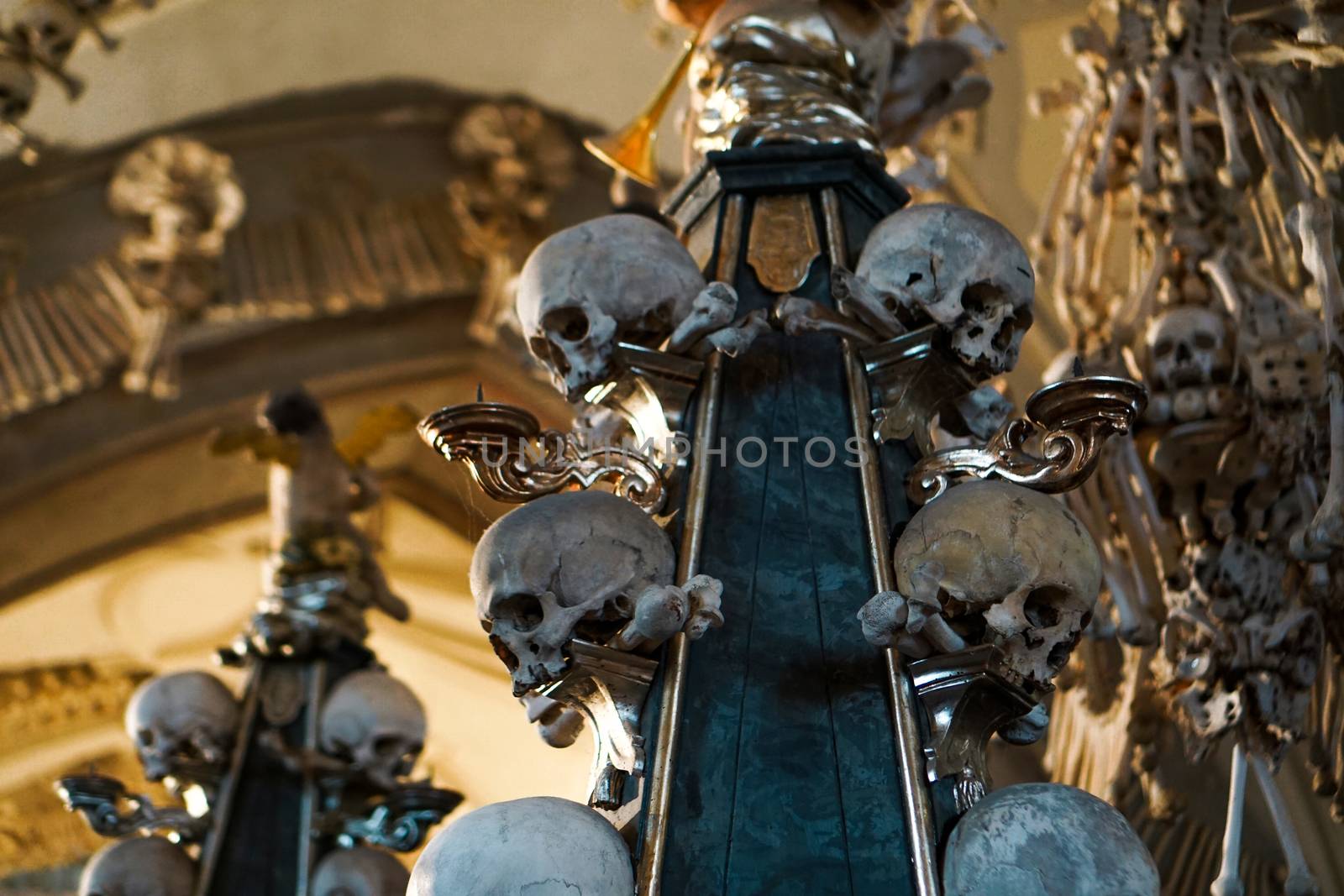 Bones inside the Sedlec Ossuary, Kutna Hora, Czech Republic, comprising mostly skulls and leg bones