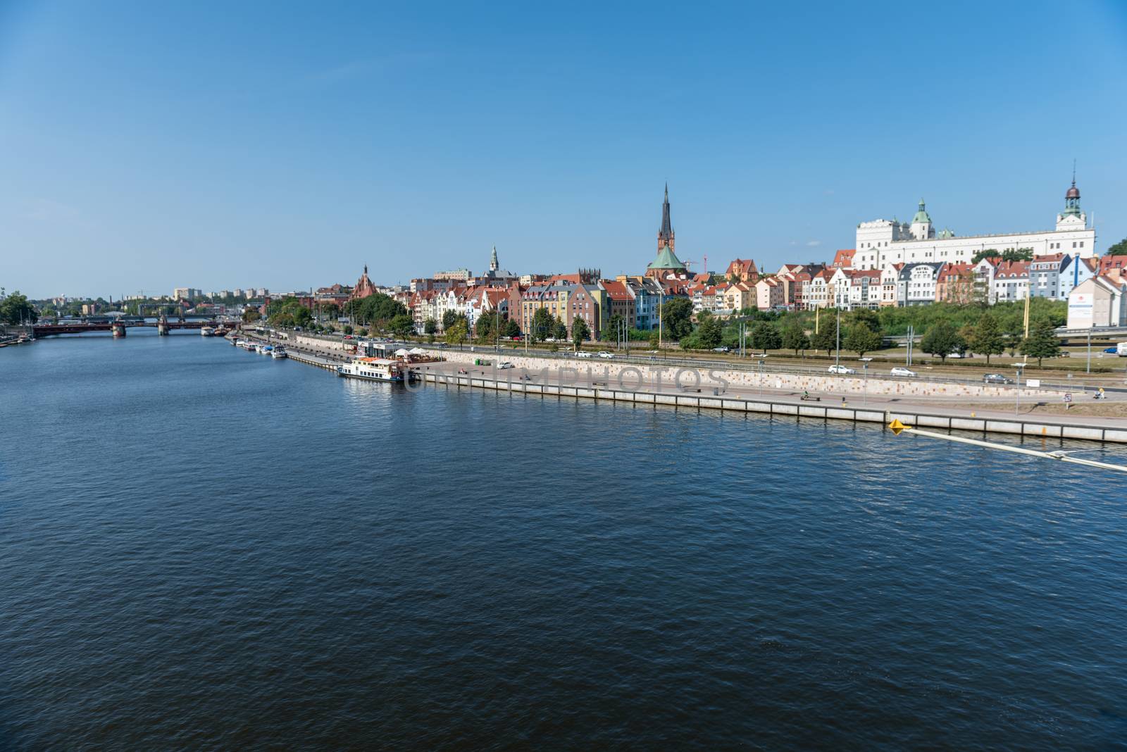 Left bank of the Oder river in Szczecin with the maritime museum and the terraces