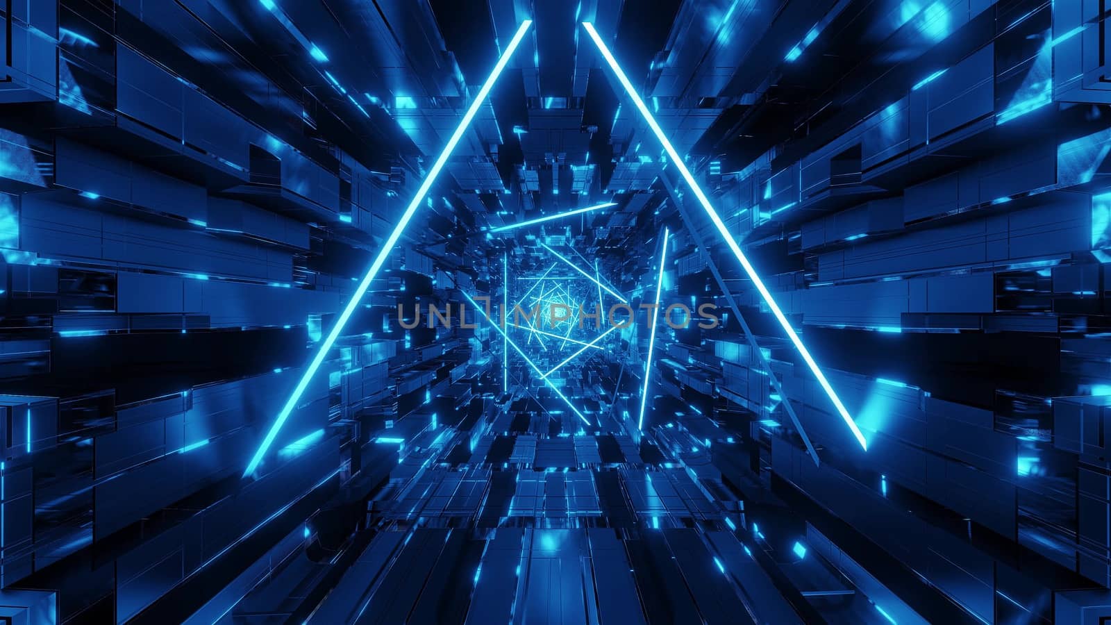 abstract glowing wireframe design graphic artworkwith technical tunnel corridor 3d illustration background wallpaper, glowing neon triangle 3d rendering art design