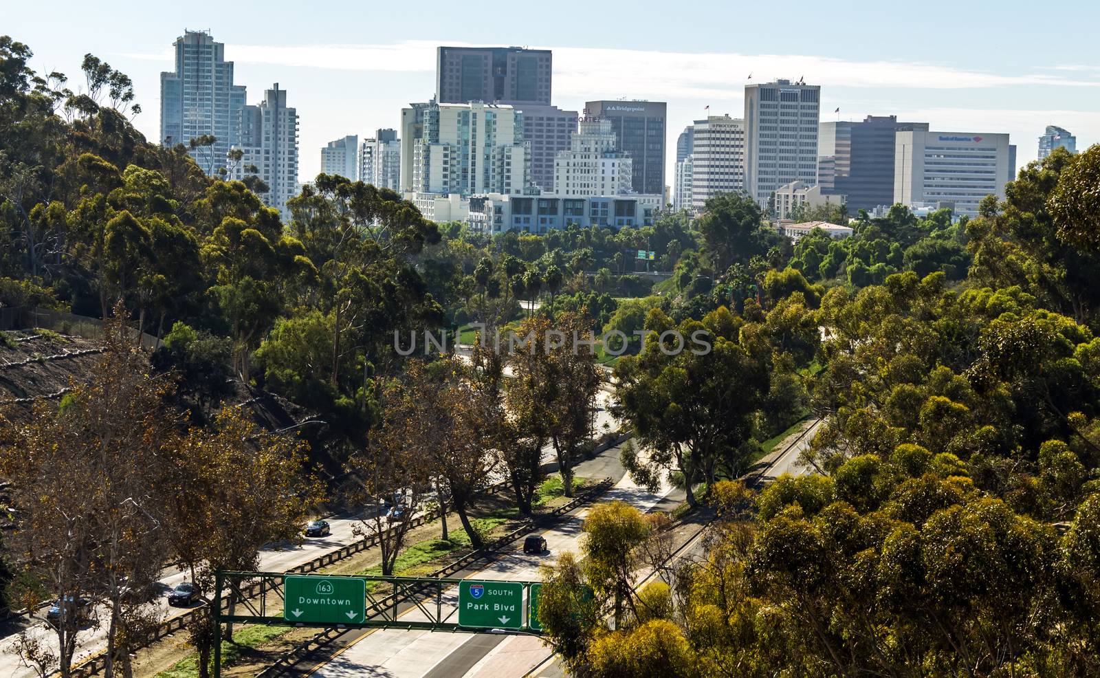 SAN DIEGO,CA - NOVEMBER 13,2016:View of San Diego from a high bridge over the road, California,United States of America.